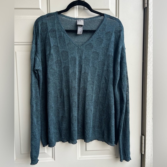 Lilith France XS/S Teal Textured Knit Sweater 90% Linen V-Neck Lightweight - Picture 1 of 9